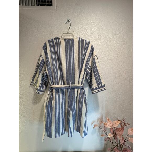 Elevenses Anthropologie Striped Linen Blend Belted Coat Jacket Blue White Sz S - Picture 2 of 6